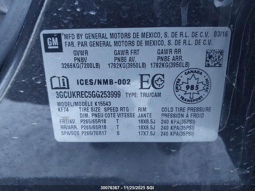 2016 Chevrolet Silverado K1500 Lt VIN: 3GCUKREC5GG253999 Lot: 30076367