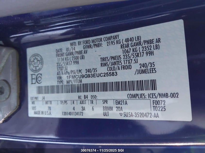 2014 Ford Escape Se VIN: 1FMCU9G93EUC25583 Lot: 30076374