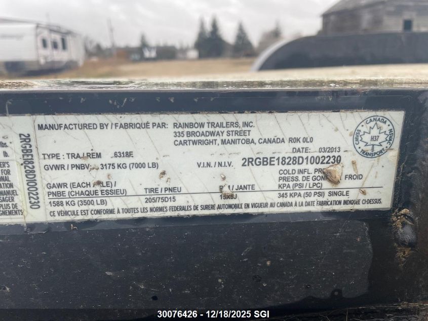 2013 Rainbow Trailers Inc Flatdeck VIN: 2RGBE1828D1002230 Lot: 30076426