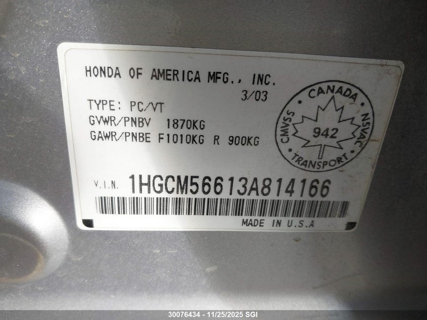 2003 Honda Accord Ex VIN: 1HGCM56613A814166 Lot: 30076434