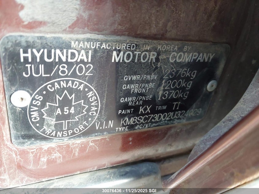 2002 Hyundai Santa Fe Gls/Lx VIN: KM8SC73D02U324029 Lot: 30076436