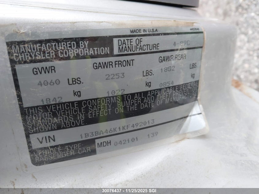 1989 Dodge Spirit VIN: 1B3BA46K1KF492013 Lot: 30076437