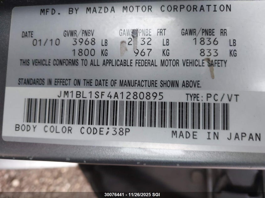 2010 Mazda 3 I VIN: JM1BL1SF4A1280895 Lot: 30076441
