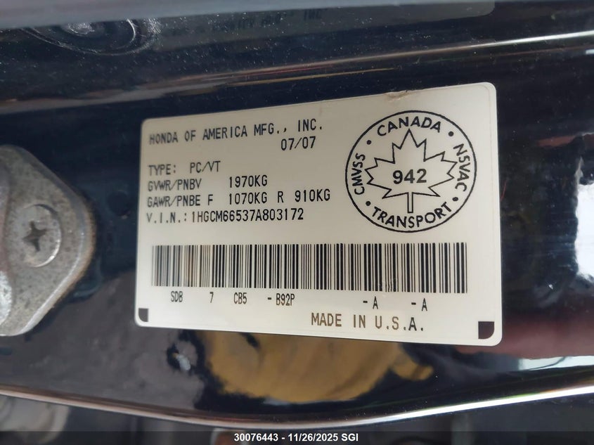 2007 Honda Accord Ex VIN: 1HGCM66537A803172 Lot: 30076443