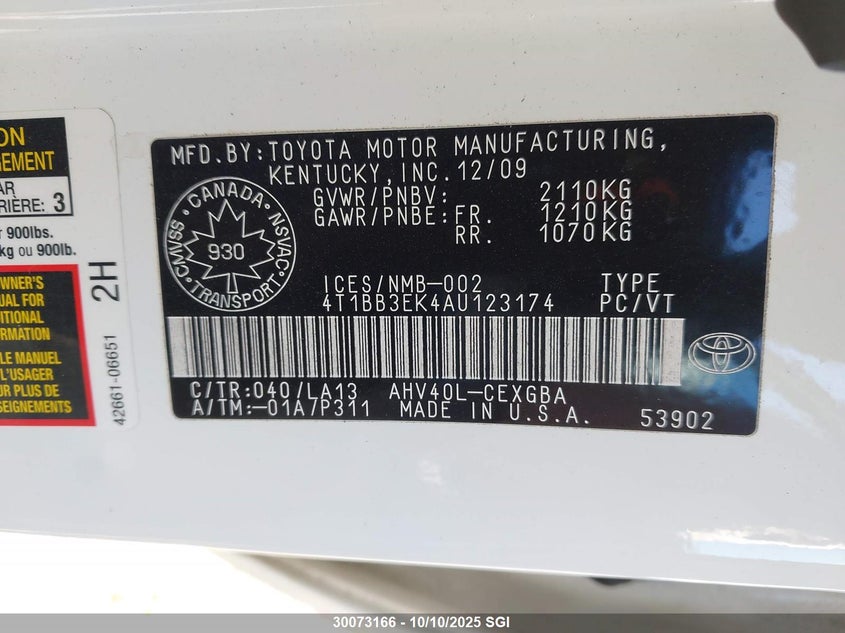 2010 Toyota Camry Hybrid VIN: 4T1BB3EK4AU123174 Lot: 30073166