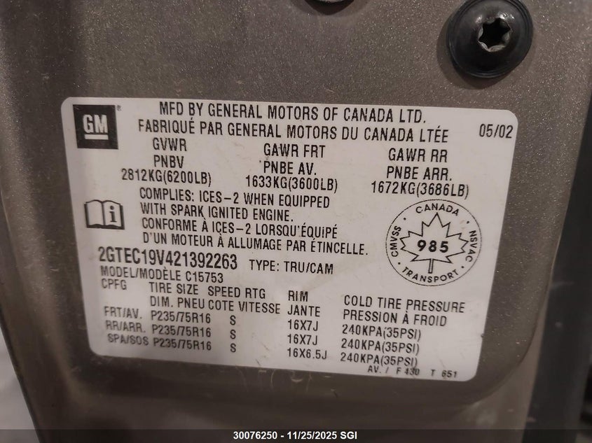 2002 GMC New Sierra C1500 VIN: 2GTEC19V421392263 Lot: 30076250