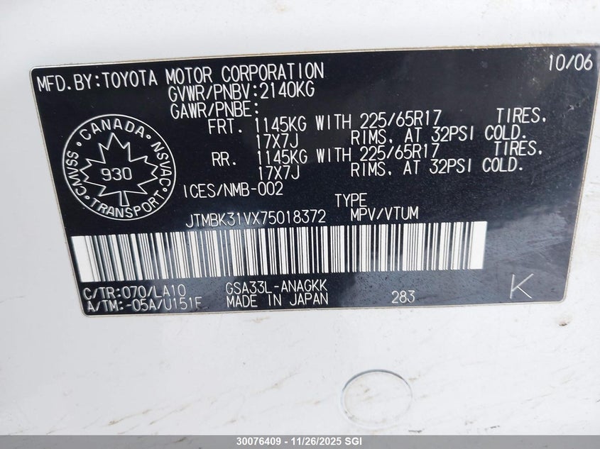 2007 Toyota Rav4 Limited VIN: JTMBK31VX75018372 Lot: 30076409