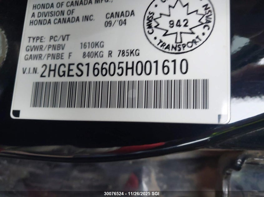 2005 Honda Civic Lx VIN: 2HGES16605H001610 Lot: 30076524