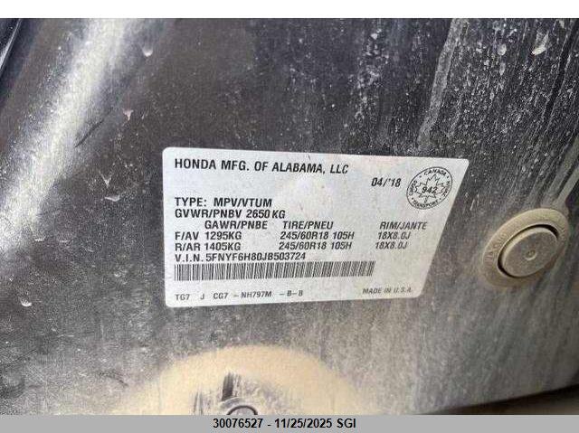 2018 Honda Pilot Exl VIN: 5FNYF6H80JB503724 Lot: 30076527