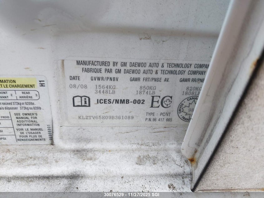 2009 Pontiac G3 Wave VIN: KL2TV65E09B361089 Lot: 30076529