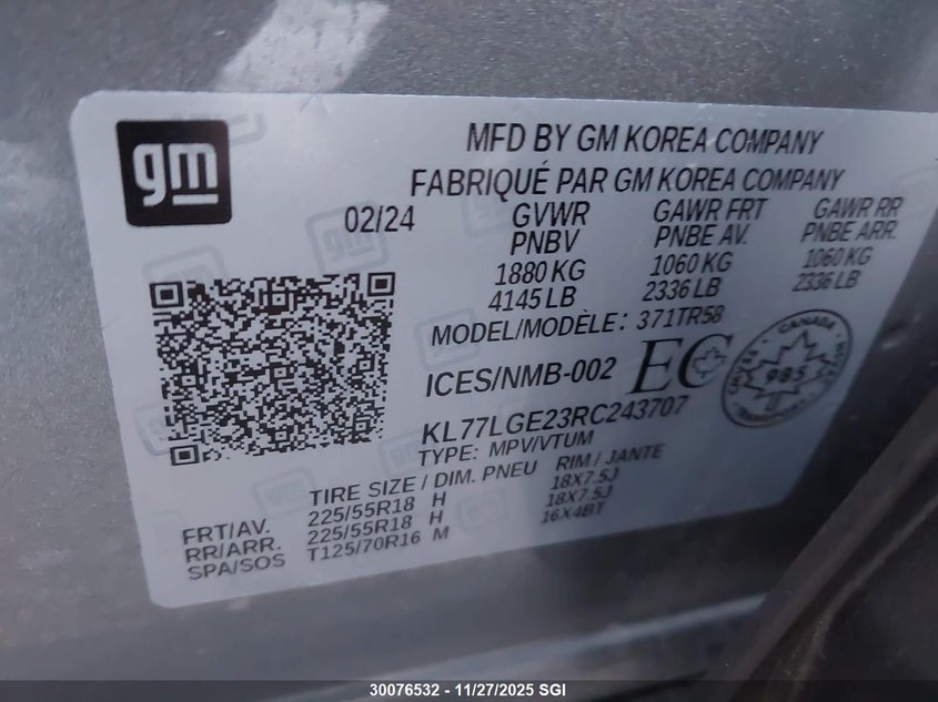 2024 Chevrolet Trax 1Rs VIN: KL77LGE23RC243707 Lot: 30076532