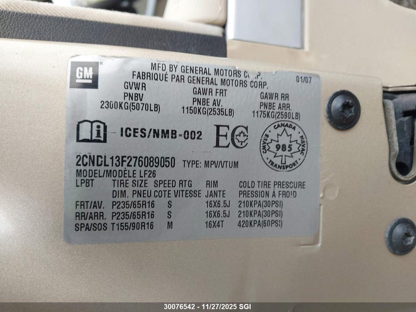 2007 Chevrolet Equinox Ls VIN: 2CNDL13F276089050 Lot: 30076542