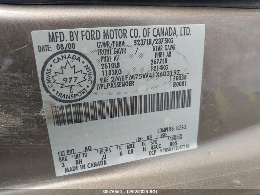 2MEFM75W41X603197 2001 MERCURY GRAND MARQUIS photo no. 9