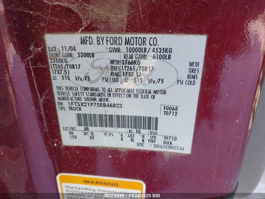 2005 Ford F250 Super Duty VIN: 1FTSX21P75EB46823 Lot: 30076449