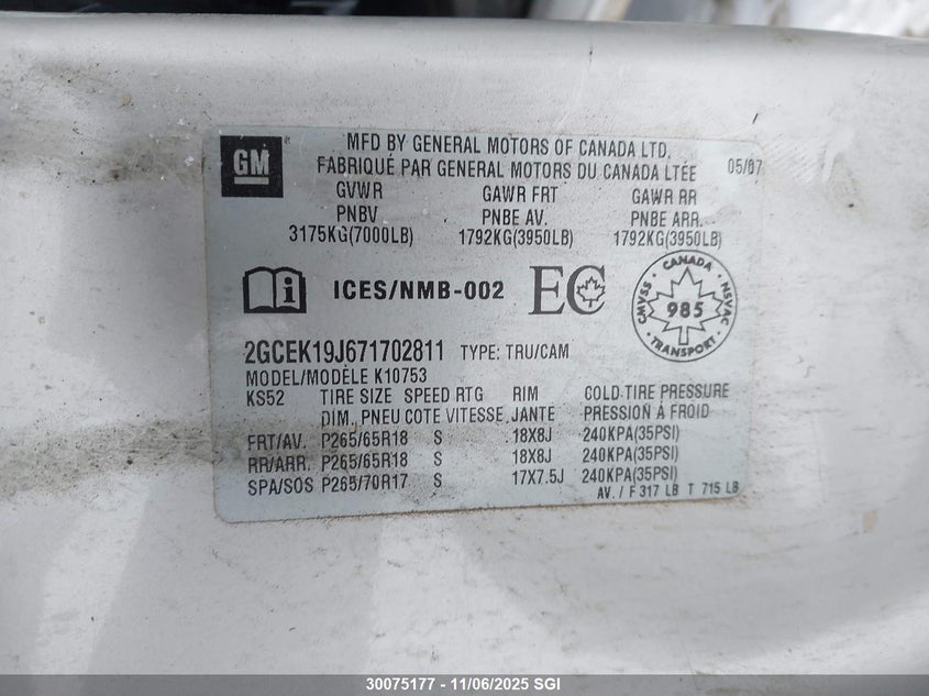 2007 Chevrolet Silverado 1500 Next Generation Lt/Ltz/Wt VIN: 2GCEK19J671702811 Lot: 30075177