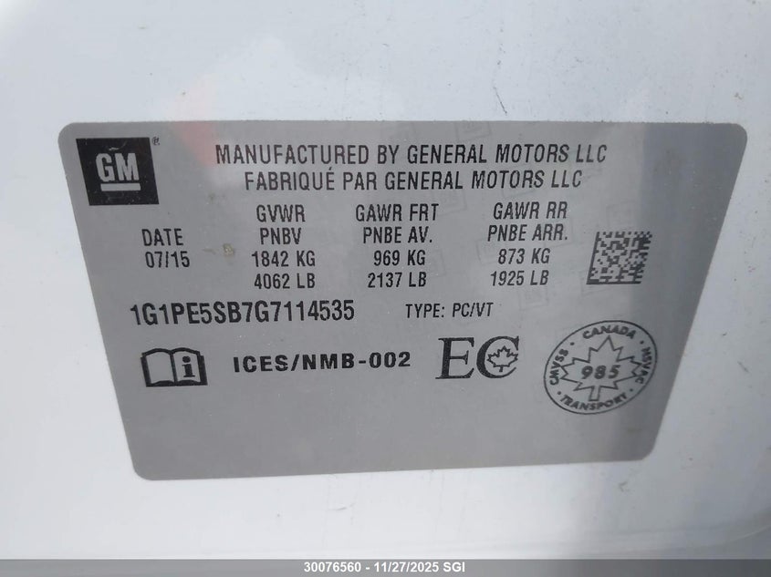 2016 Chevrolet Cruze Limited Lt VIN: 1G1PE5SB7G7114535 Lot: 30076560