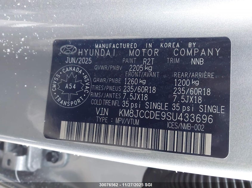 2025 Hyundai Tucson Sel VIN: KM8JCCDE9SU433696 Lot: 30076562