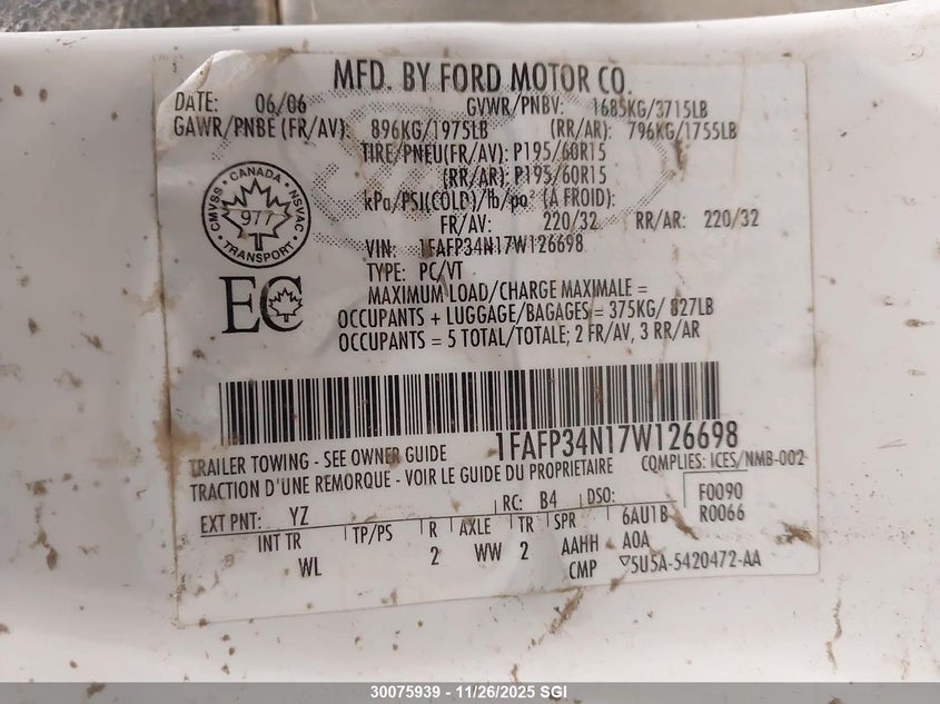 2007 Ford Focus Zx4/S/Se/Ses VIN: 1FAFP34N17W126698 Lot: 30075939