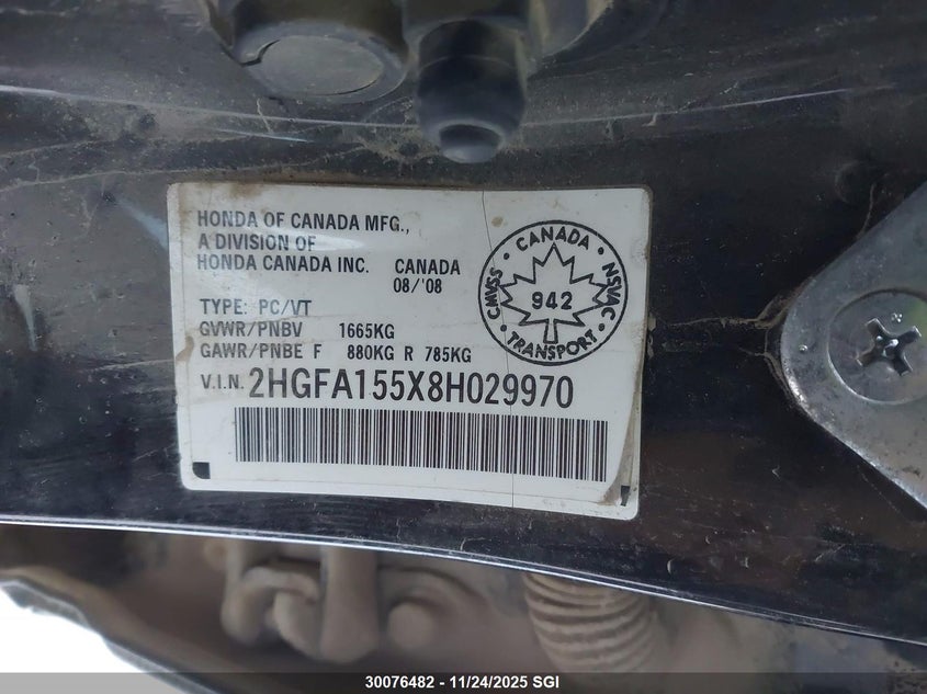 2008 Honda Civic Lx VIN: 2HGFA155X8H029970 Lot: 30076482