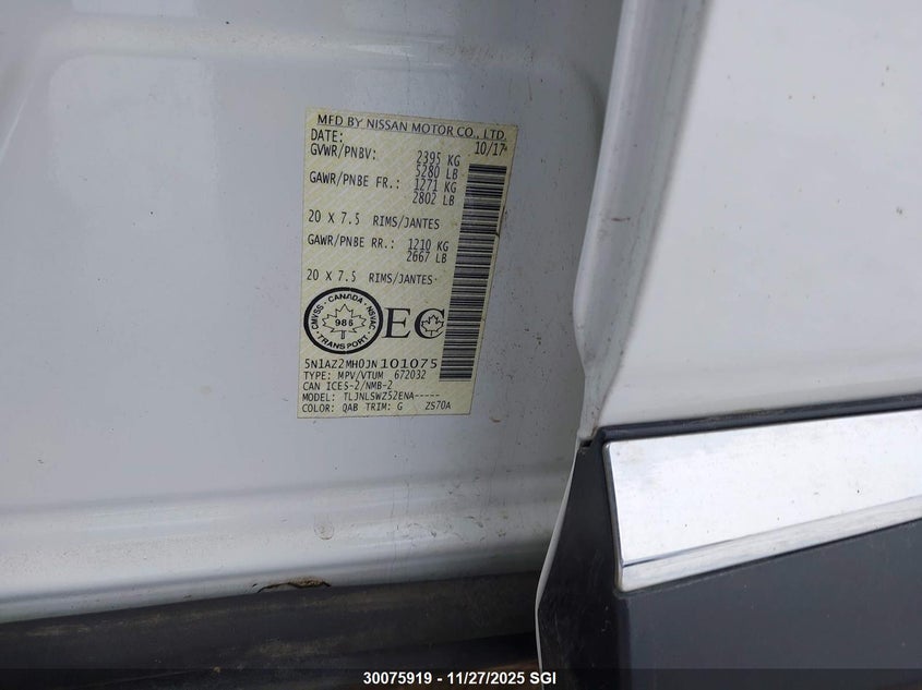 2018 Nissan Murano S/Sl/Sv/Platinum VIN: 5N1AZ2MH0JN101075 Lot: 30075919