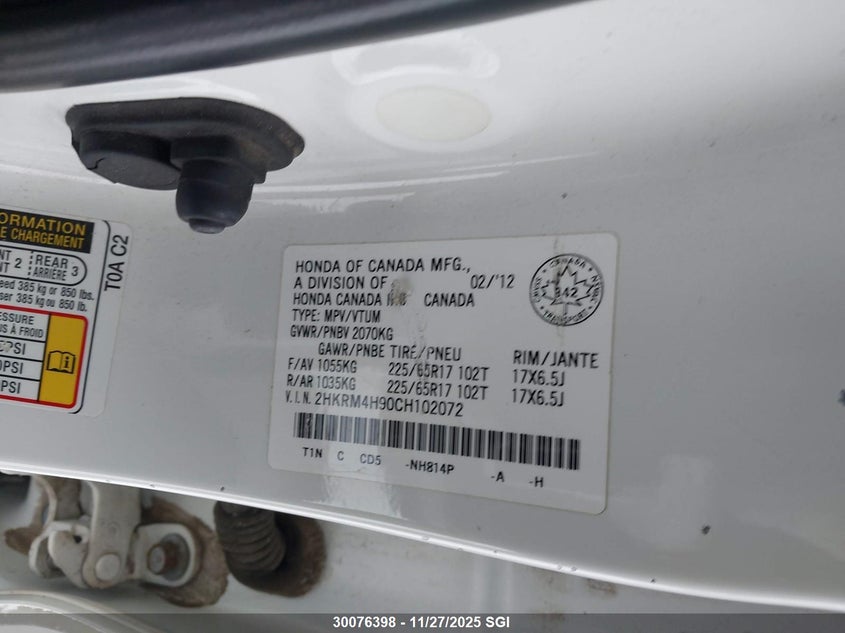 2012 Honda Cr-V Touring VIN: 2HKRM4H90CH102072 Lot: 30076398