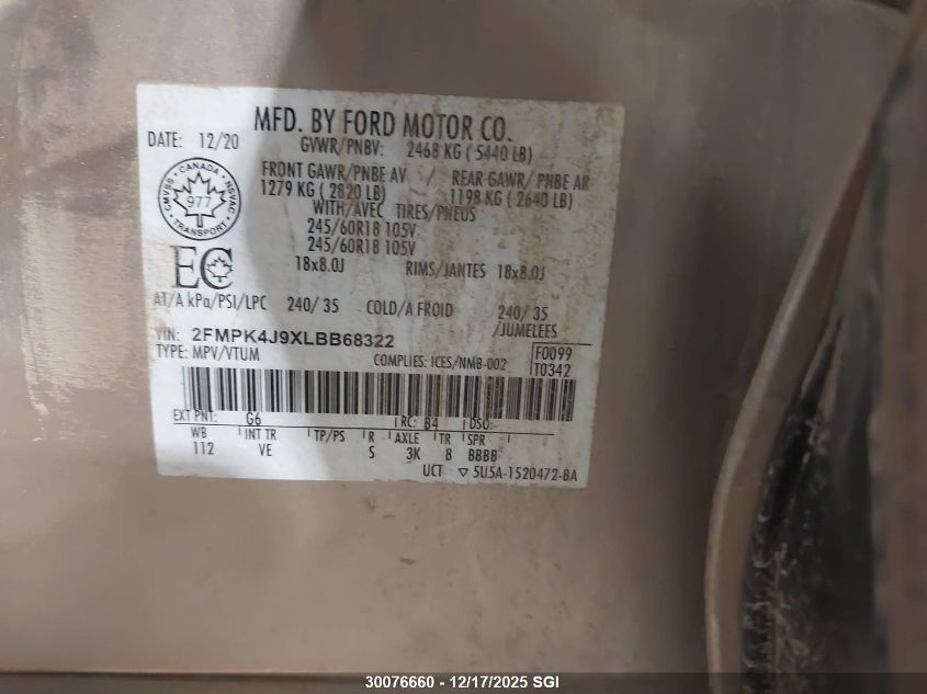 2020 Ford Edge Sel VIN: 2FMPK4J9XLBB68322 Lot: 30076660