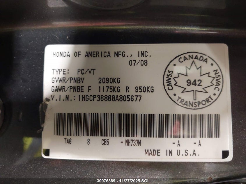 2008 Honda Accord Exl VIN: 1HGCP36888A805677 Lot: 30076389