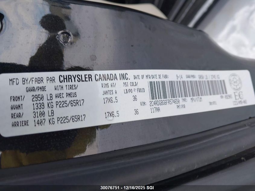 2015 Dodge Grand Caravan Se VIN: 2C4RDGBG6FR574650 Lot: 30076751