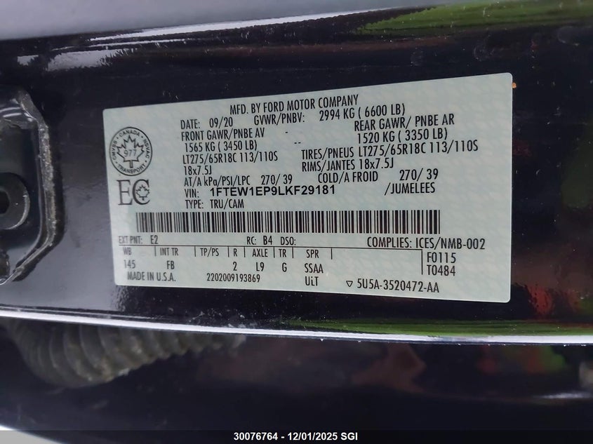 1FTEW1EP9LKF29181 2020 FORD F-150 photo no. 9