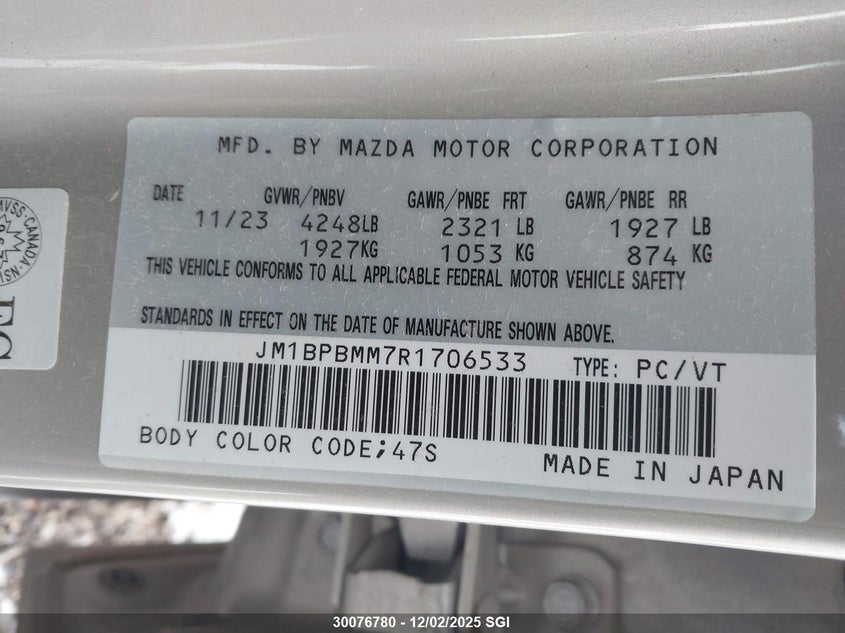2024 Mazda 3 Premium VIN: JM1BPBMM7R1706533 Lot: 30076780