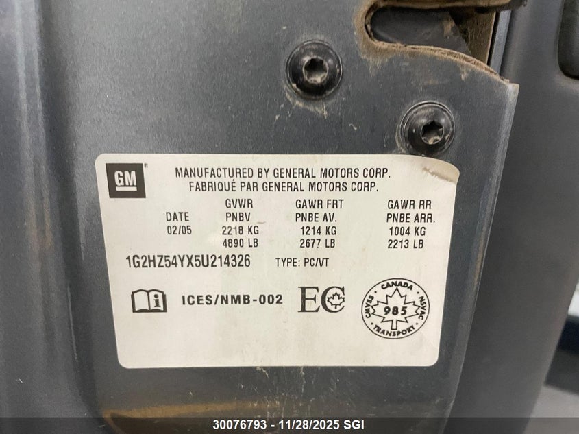 2005 Pontiac Bonneville Gxp VIN: 1G2HZ54YX5U214326 Lot: 30076793