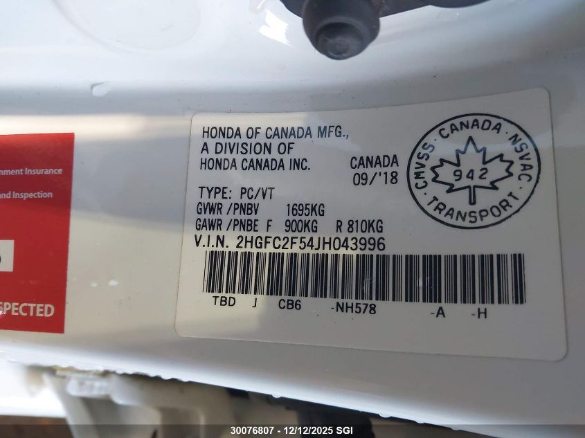 2018 Honda Civic Lx VIN: 2HGFC2F54JH043996 Lot: 30076807