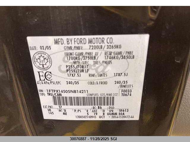 2005 Ford F150 VIN: 1FTPX14505NB14211 Lot: 30076887