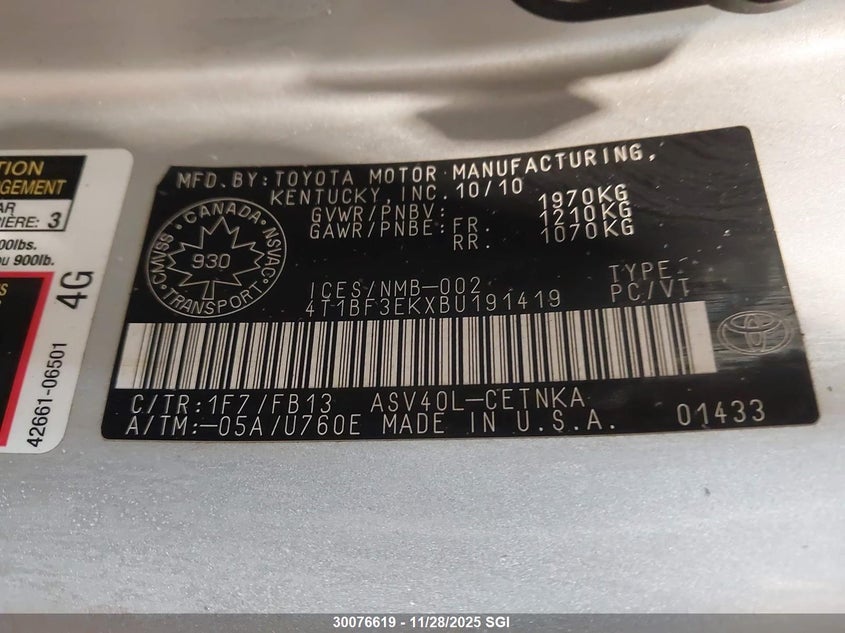 2011 Toyota Camry Se/Le/Xle VIN: 4T1BF3EKXBU191419 Lot: 30076619