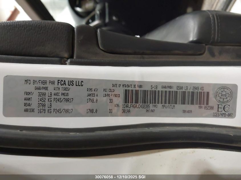 2018 Jeep Grand Cherokee Laredo VIN: 1C4RJFAG0JC432395 Lot: 30076058