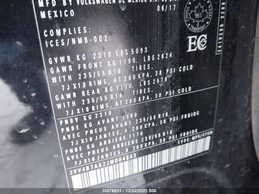 2018 Volkswagen Tiguan Sel Premium VIN: 3VV4B7AX2JM004843 Lot: 30076851