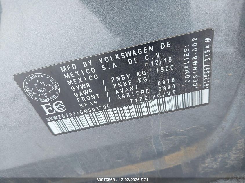 2016 Volkswagen Jetta S VIN: 3VW267AJ1GM303705 Lot: 30076858