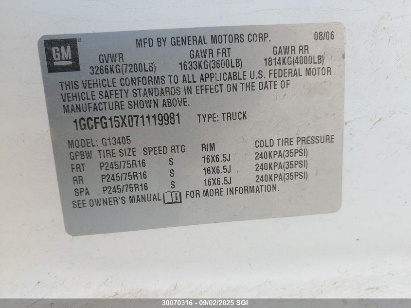 2007 Chevrolet Express G1500 VIN: 1GCFG15X071119981 Lot: 30070316