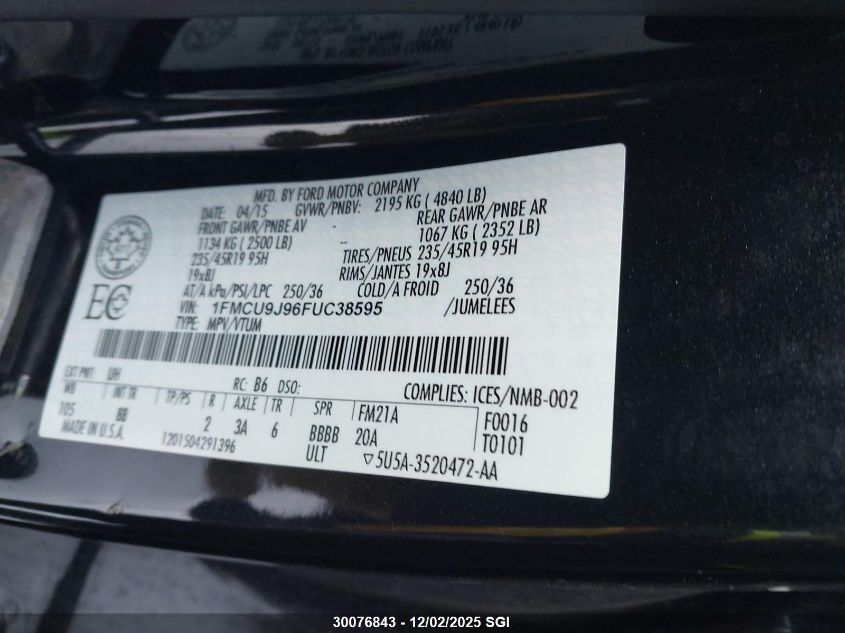 2015 Ford Escape Titanium VIN: 1FMCU9J96FUC38595 Lot: 30076843