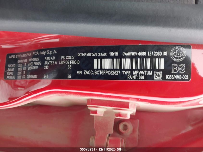 2015 Jeep Renegade Trailhawk VIN: ZACCJBCT6FPC52527 Lot: 30076931