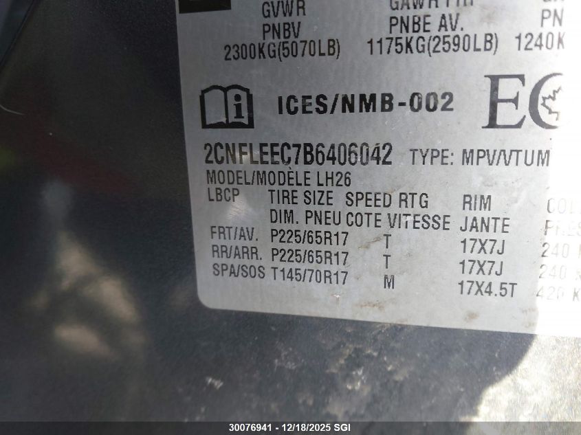 2011 Chevrolet Equinox Lt VIN: 2CNFLEEC7B6406042 Lot: 30076941