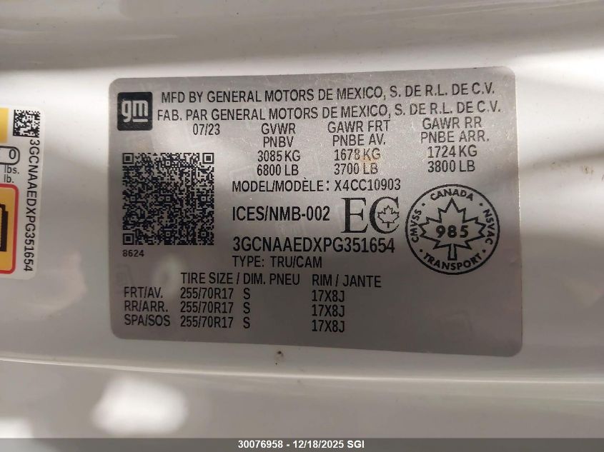 2023 Chevrolet Silverado C1500 VIN: 3GCNAAEDXPG351654 Lot: 30076958