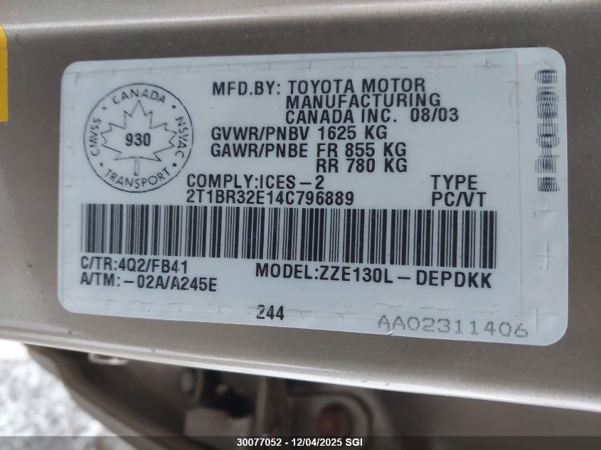 2004 Toyota Corolla Ce/Le/S VIN: 2T1BR32E14C796889 Lot: 30077052