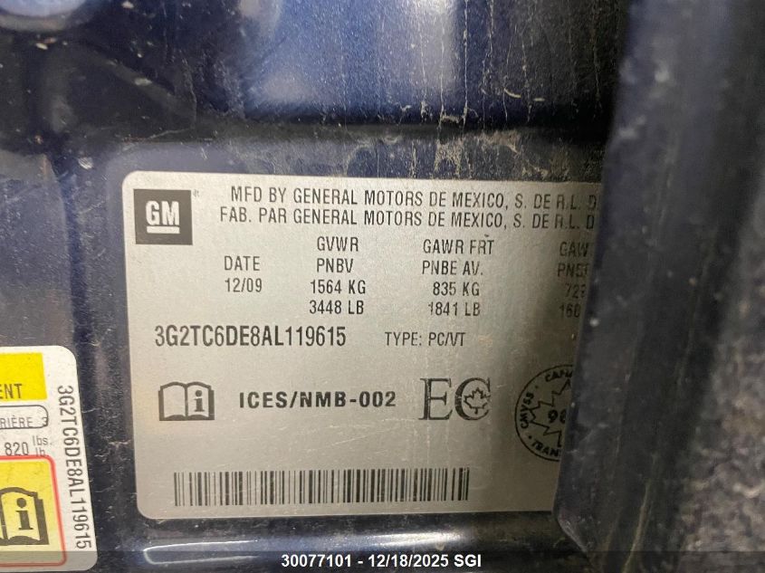 2010 Pontiac G3 Wave Se VIN: 3G2TC6DE8AL119615 Lot: 30077101