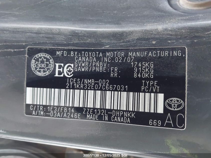 2007 Toyota Corolla Matrix Xr VIN: 2T1KR32E07C667031 Lot: 30077130