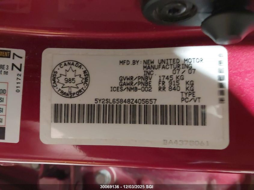 2008 Pontiac Vibe VIN: 5Y2SL65848Z405657 Lot: 30069136