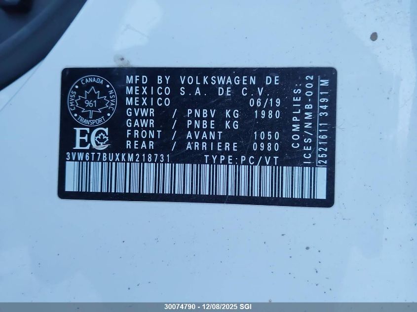 2019 Volkswagen Jetta Gli/35Th Anniversary Edition/Autobahn/S VIN: 3VW6T7BUXKM218731 Lot: 30074790