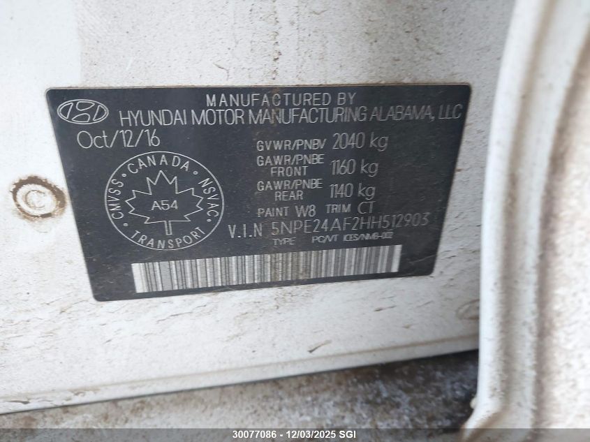 2017 Hyundai Sonata Se VIN: 5NPE24AF2HH512903 Lot: 30077086