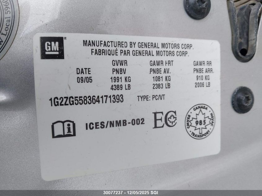 2006 Pontiac G6 Se1 VIN: 1G2ZG558364171393 Lot: 30077237