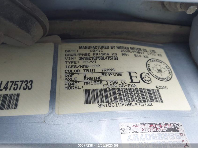 2011 Nissan Versa S/Sl VIN: 3N1BC1CP5BL475733 Lot: 30077238